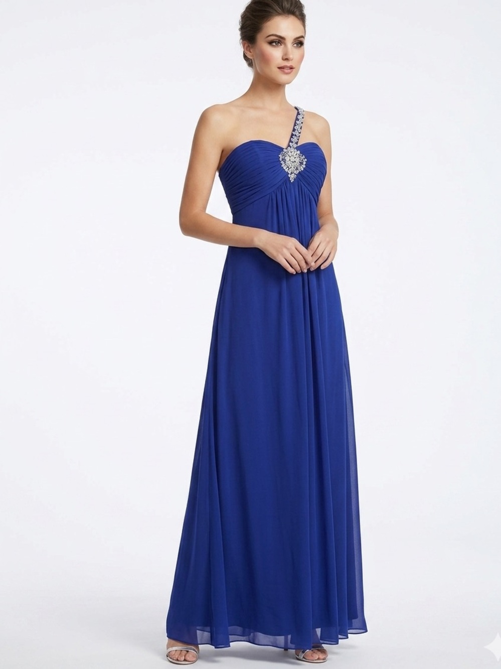 Xscape Royal Blue One-Shoulder Embellished Chiffon Gown - Size 14 Prom Dress